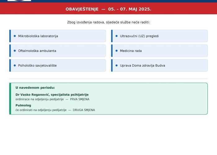 OBAVJEŠTENJE — 05. - 07. MAJ 2025.