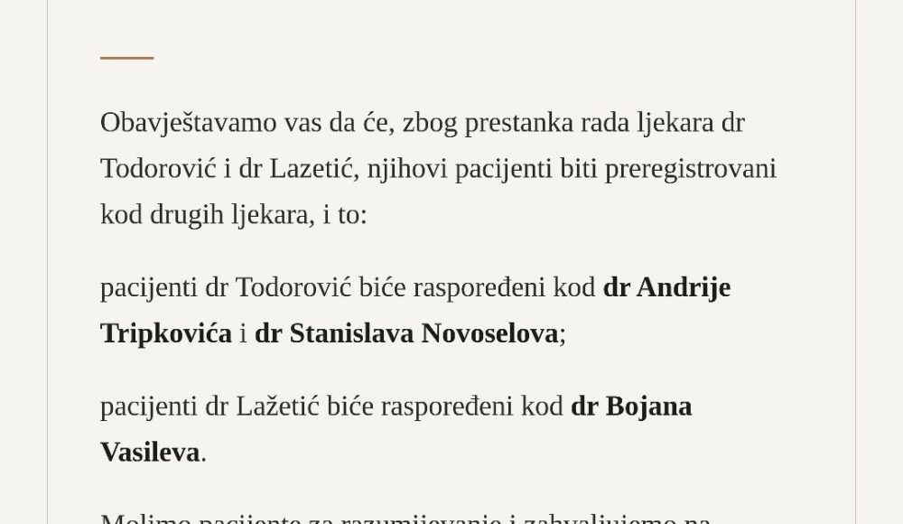 Obavještenje o preregistraciji pacijenata dr Todorović i dr Lazetić