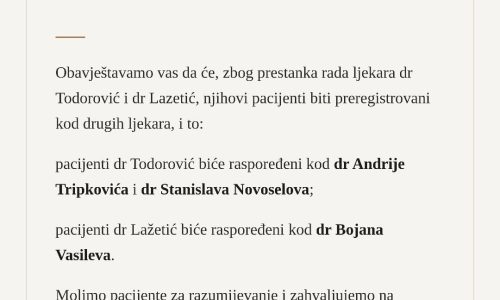 Obavještenje o preregistraciji pacijenata dr Todorović i dr Lazetić