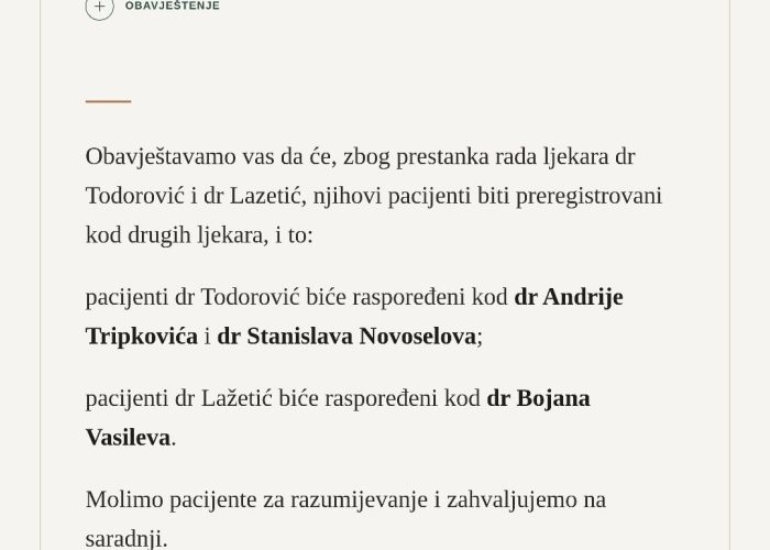 Obavještenje o preregistraciji pacijenata dr Todorović i dr Lazetić